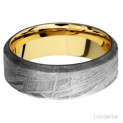 8 mm wide High Bevel Meteorite band featuring a 14K Yellow Gold sleeve.