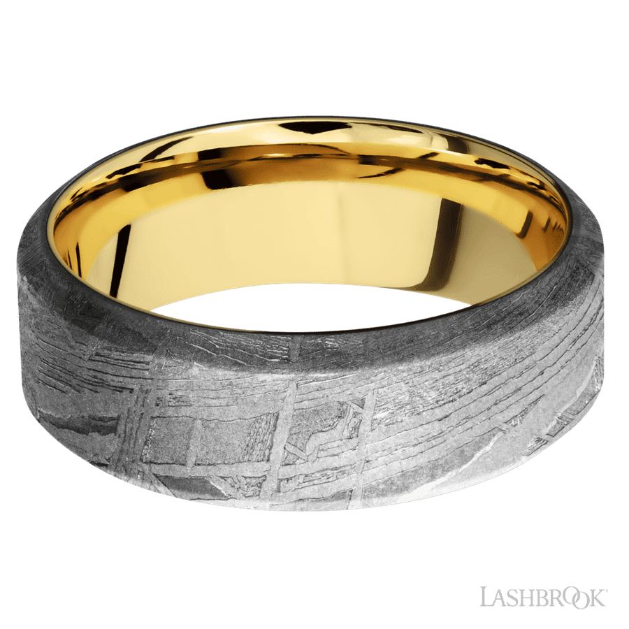 8 mm wide High Bevel Meteorite band featuring a 14K Yellow Gold sleeve.