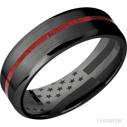 7 mm wide/Beveled/Zirconium band with one 1 mm Centered inlay of Coral.