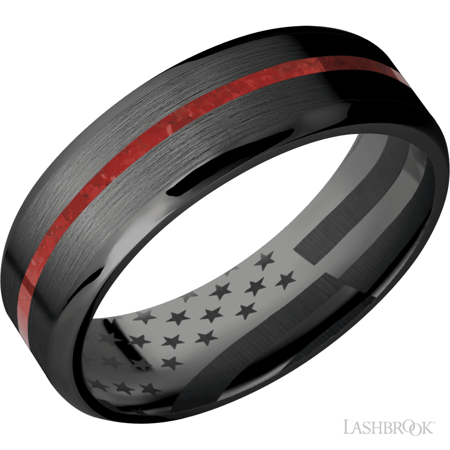 7 mm wide/Beveled/Zirconium band with one 1 mm Centered inlay of Coral.