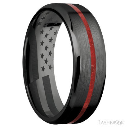 7 mm wide/Beveled/Zirconium band with one 1 mm Centered inlay of Coral.