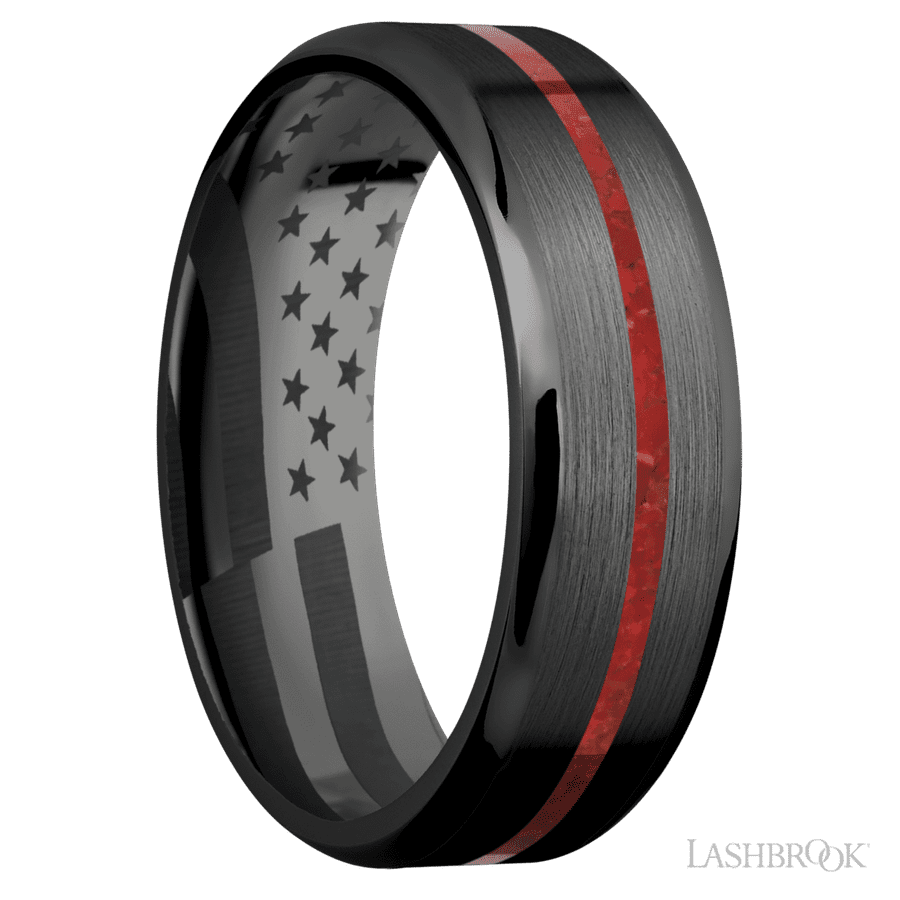 7 mm wide/Beveled/Zirconium band with one 1 mm Centered inlay of Coral.