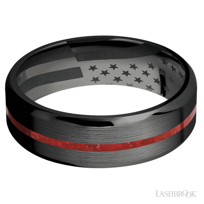 7 mm wide/Beveled/Zirconium band with one 1 mm Centered inlay of Coral.