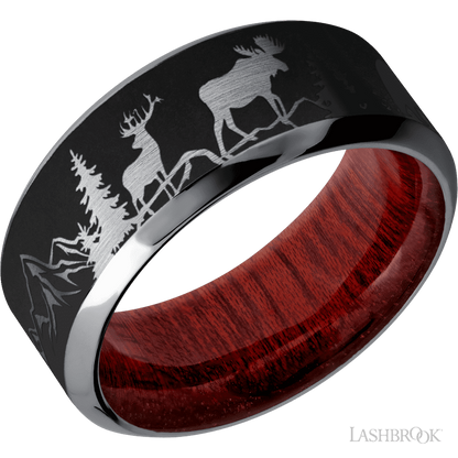 9 mm wide/High Bevel/Tantalum band with a laser carved Bear Moose Deer Mountain pattern also featuring a Blood Wood sleeve.