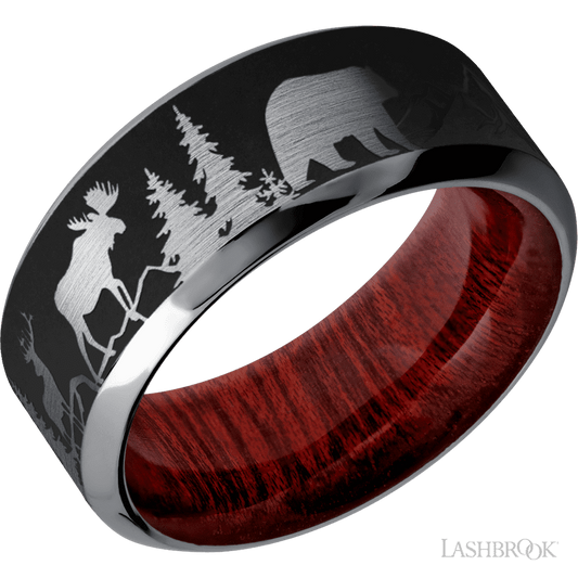 Lashbrook 9mm High Bevel Tantalum Wedding Band — Bear Moose Deer Mountain Pattern