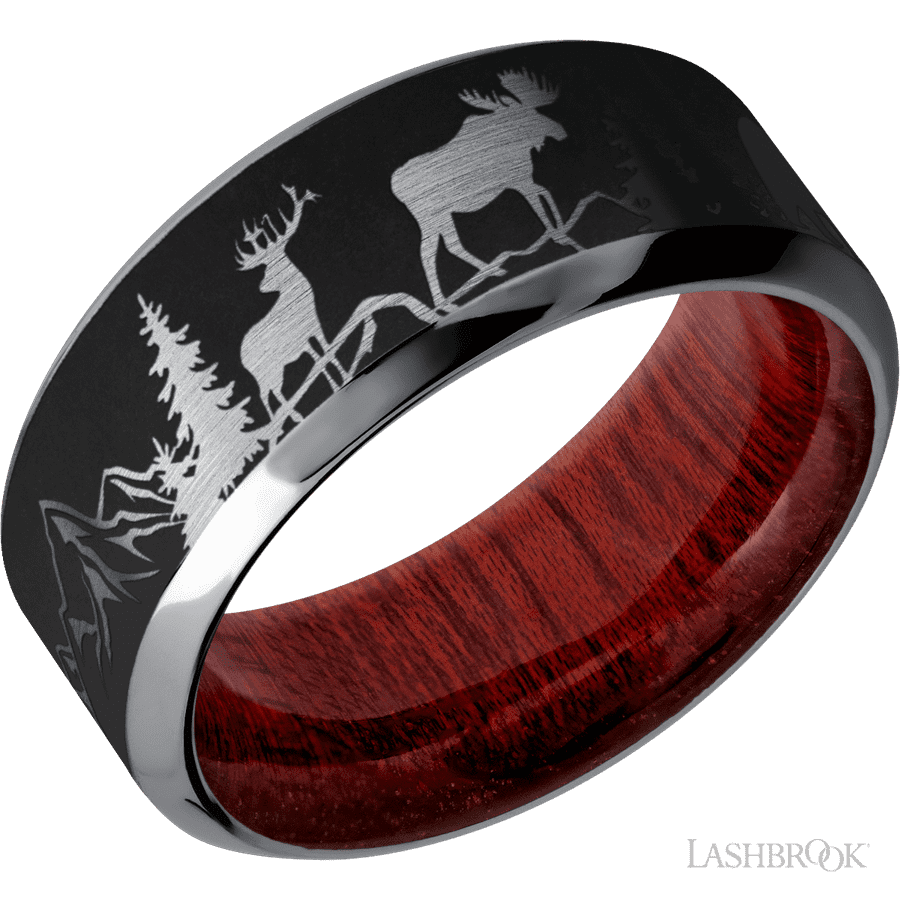 9 mm wide/High Bevel/Tantalum band with a laser carved Bear Moose Deer Mountain pattern also featuring a Blood Wood sleeve.