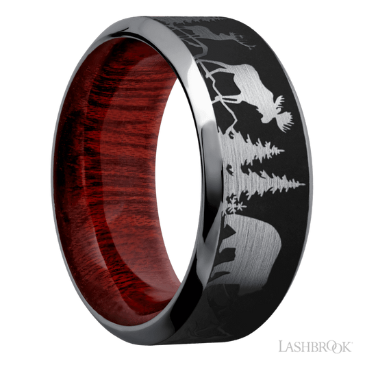 Lashbrook 9mm High Bevel Tantalum Wedding Band — Bear Moose Deer Mountain Pattern