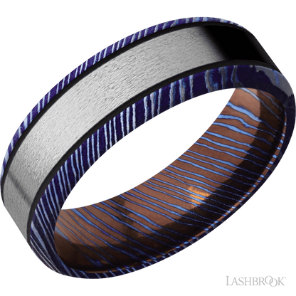 7 mm wide/Beveled/Titanium Damascus band with one 4 mm Centered inlay of Titanium.