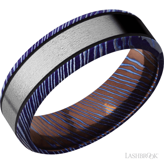 Lashbrook 7mm Beveled Titanium Damascus Wedding Band — Titanium Inlay