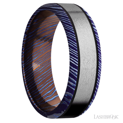 7 mm wide/Beveled/Titanium Damascus band with one 4 mm Centered inlay of Titanium.