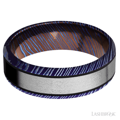 7 mm wide/Beveled/Titanium Damascus band with one 4 mm Centered inlay of Titanium.