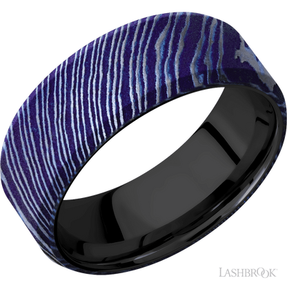 8 mm wide Beveled Titanium Damascus band featuring a Zirconium sleeve.