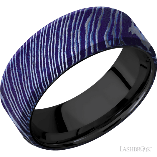 Lashbrook 8mm Beveled Titanium Damascus Wedding Band — Zirconium Sleeve