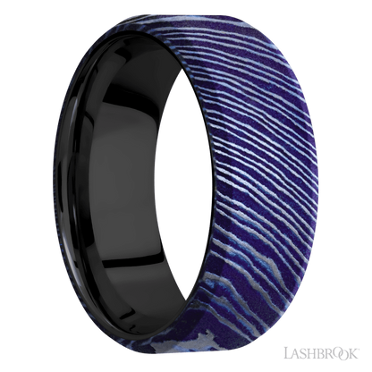 8 mm wide Beveled Titanium Damascus band featuring a Zirconium sleeve.
