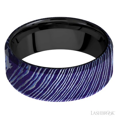 8 mm wide Beveled Titanium Damascus band featuring a Zirconium sleeve.