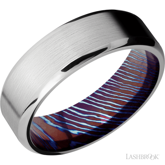 Lashbrook 7mm Beveled Cobalt Chrome Wedding Band — Titanium Damascus Sleeve