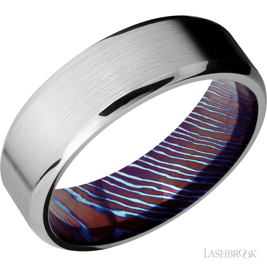 7 mm wide Beveled Cobalt Chrome band featuring a Titanium Damascus sleeve.
