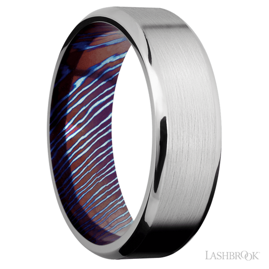 Lashbrook 7mm Beveled Cobalt Chrome Wedding Band — Titanium Damascus Sleeve
