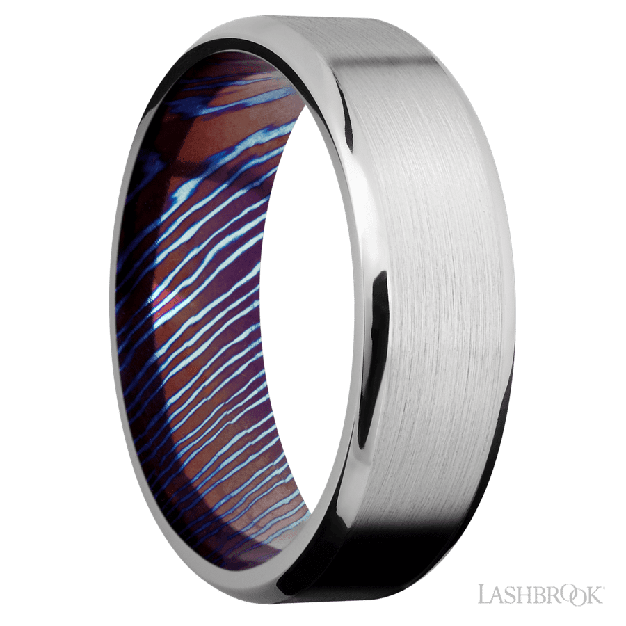 7 mm wide Beveled Cobalt Chrome band featuring a Titanium Damascus sleeve.