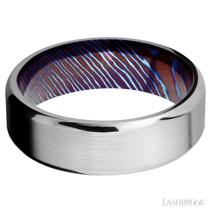 7 mm wide Beveled Cobalt Chrome band featuring a Titanium Damascus sleeve.