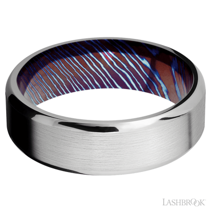 7 mm wide Beveled Cobalt Chrome band featuring a Titanium Damascus sleeve.
