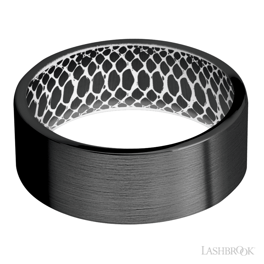 8 mm wide Flat Zirconium band featuring a White sleeve.