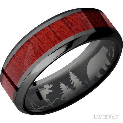 8 mm wide/High Bevel/Zirconium band with one 4 mm Centered inlay of Blood Wood.