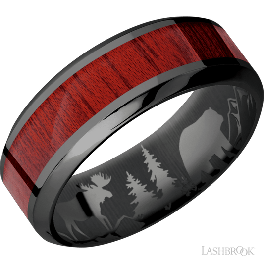 Lashbrook 8mm High Bevel Zirconium Wedding Band — Blood Wood Inlay