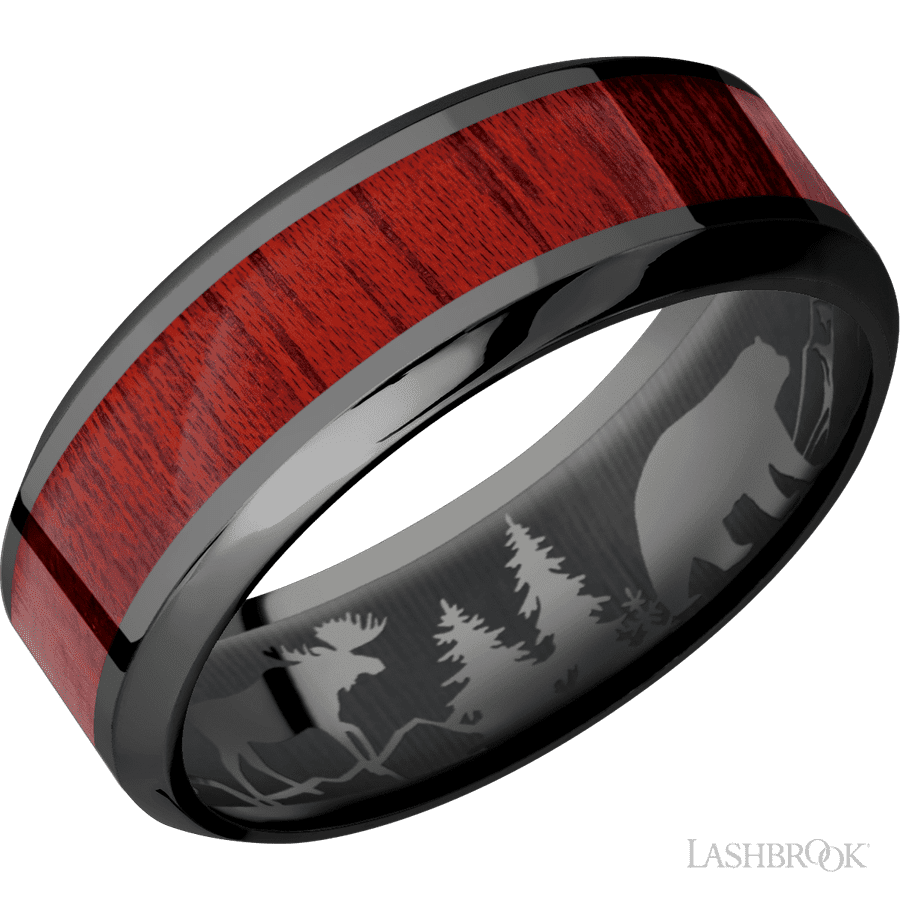 8 mm wide/High Bevel/Zirconium band with one 4 mm Centered inlay of Blood Wood.