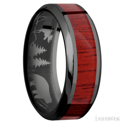 8 mm wide/High Bevel/Zirconium band with one 4 mm Centered inlay of Blood Wood.