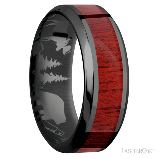 Lashbrook 8mm High Bevel Zirconium Wedding Band — Blood Wood Inlay