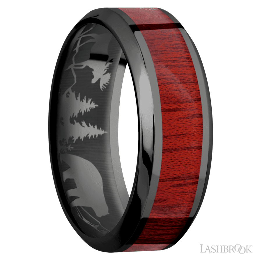 8 mm wide/High Bevel/Zirconium band with one 4 mm Centered inlay of Blood Wood.
