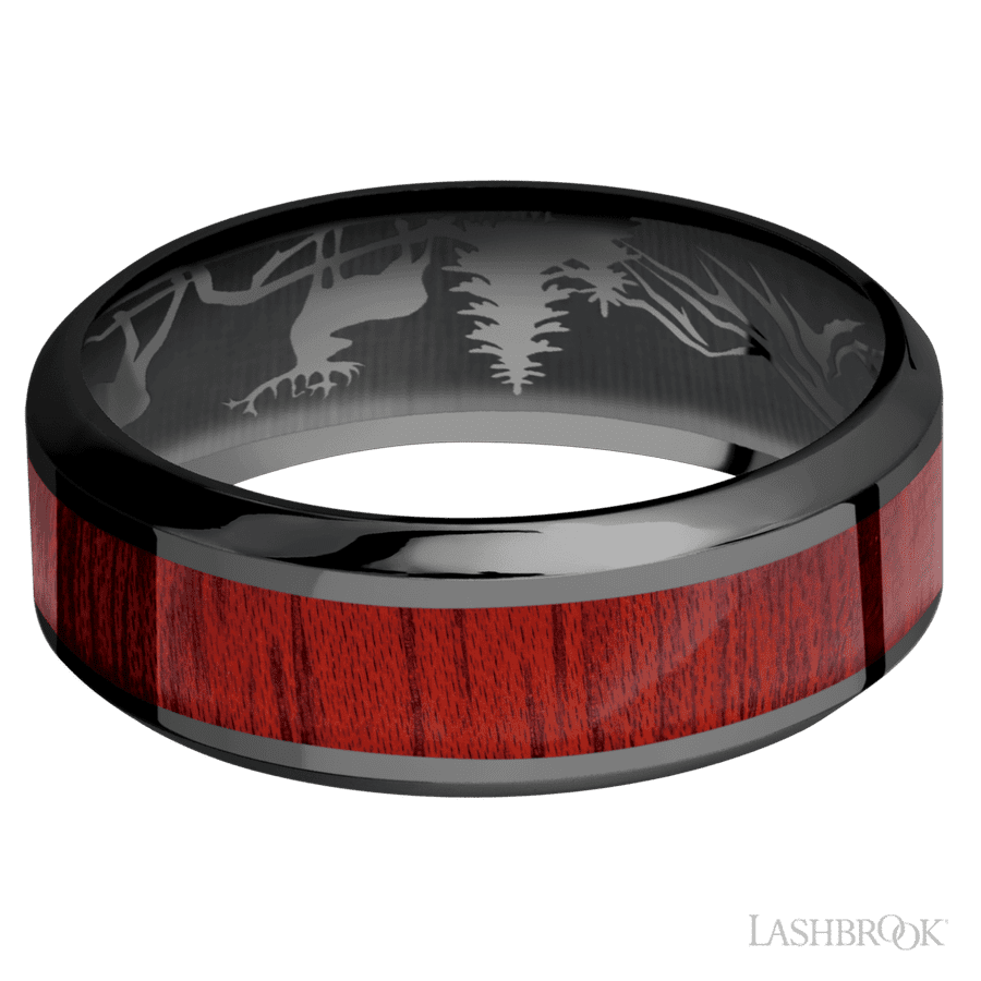 8 mm wide/High Bevel/Zirconium band with one 4 mm Centered inlay of Blood Wood.