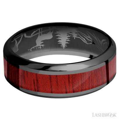 8 mm wide/High Bevel/Zirconium band with one 4 mm Centered inlay of Blood Wood.