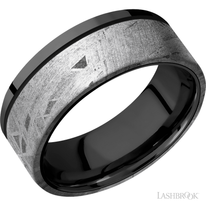 8 mm wide/Flat/Zirconium band with one 6 mm Off Center Edge inlay of Meteorite.