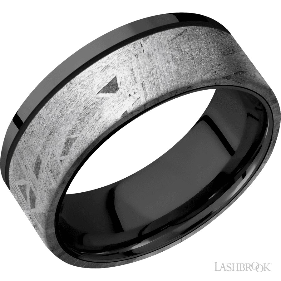 8 mm wide/Flat/Zirconium band with one 6 mm Off Center Edge inlay of Meteorite.
