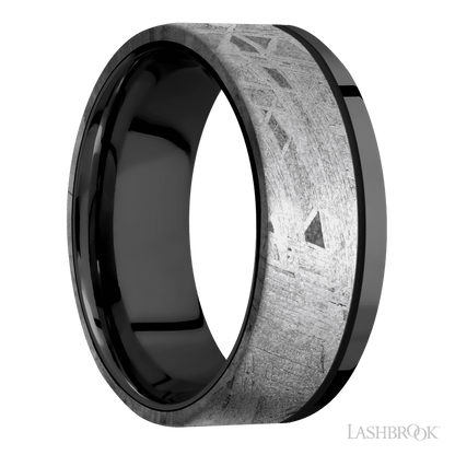 8 mm wide/Flat/Zirconium band with one 6 mm Off Center Edge inlay of Meteorite.