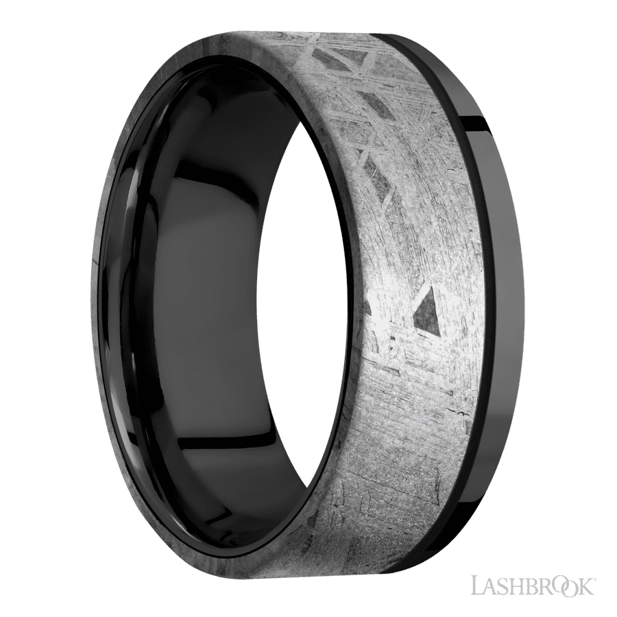 8 mm wide/Flat/Zirconium band with one 6 mm Off Center Edge inlay of Meteorite.