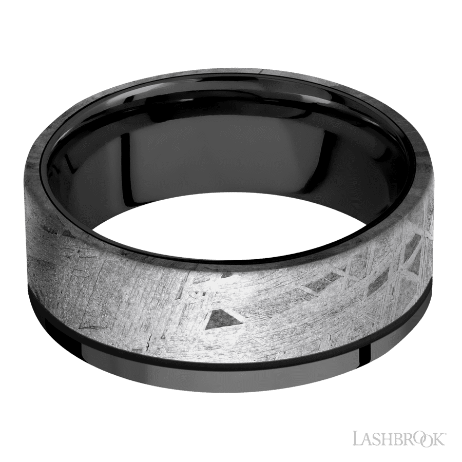 8 mm wide/Flat/Zirconium band with one 6 mm Off Center Edge inlay of Meteorite.