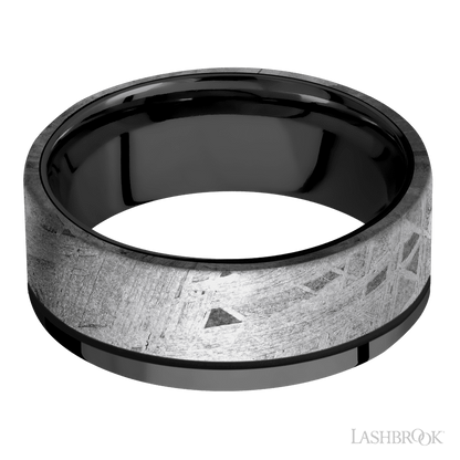 8 mm wide/Flat/Zirconium band with one 6 mm Off Center Edge inlay of Meteorite.