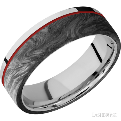 7 mm wide/Flat/Cobalt Chrome band with one 5 mm Off Center Edge inlay of Forged Carbon Fiber.