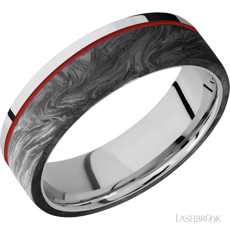 7 mm wide/Flat/Cobalt Chrome band with one 5 mm Off Center Edge inlay of Forged Carbon Fiber.