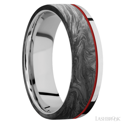 7 mm wide/Flat/Cobalt Chrome band with one 5 mm Off Center Edge inlay of Forged Carbon Fiber.