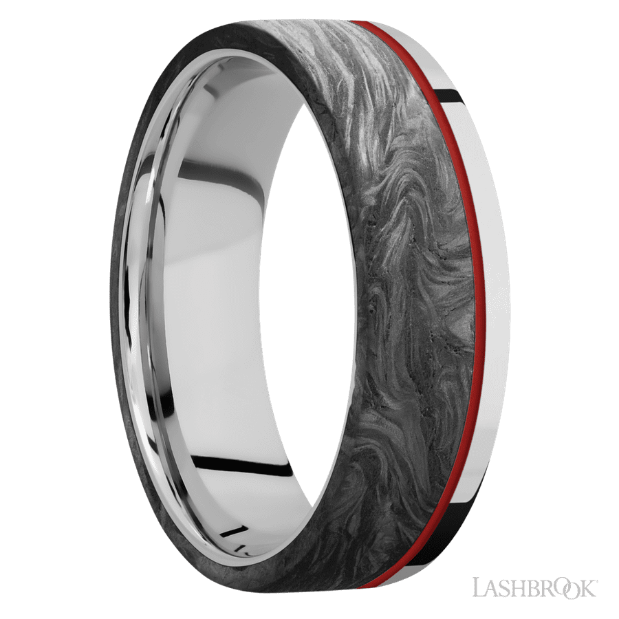 7 mm wide/Flat/Cobalt Chrome band with one 5 mm Off Center Edge inlay of Forged Carbon Fiber.