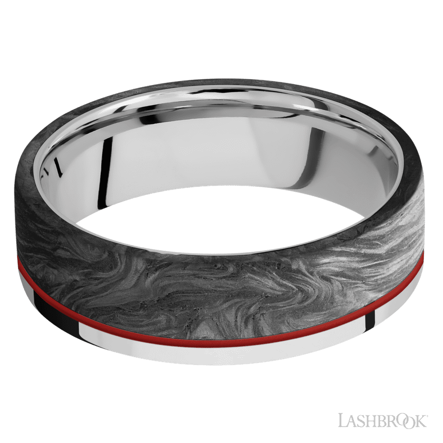 7 mm wide/Flat/Cobalt Chrome band with one 5 mm Off Center Edge inlay of Forged Carbon Fiber.