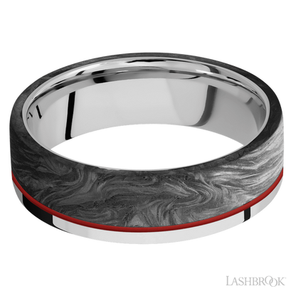 7 mm wide/Flat/Cobalt Chrome band with one 5 mm Off Center Edge inlay of Forged Carbon Fiber.