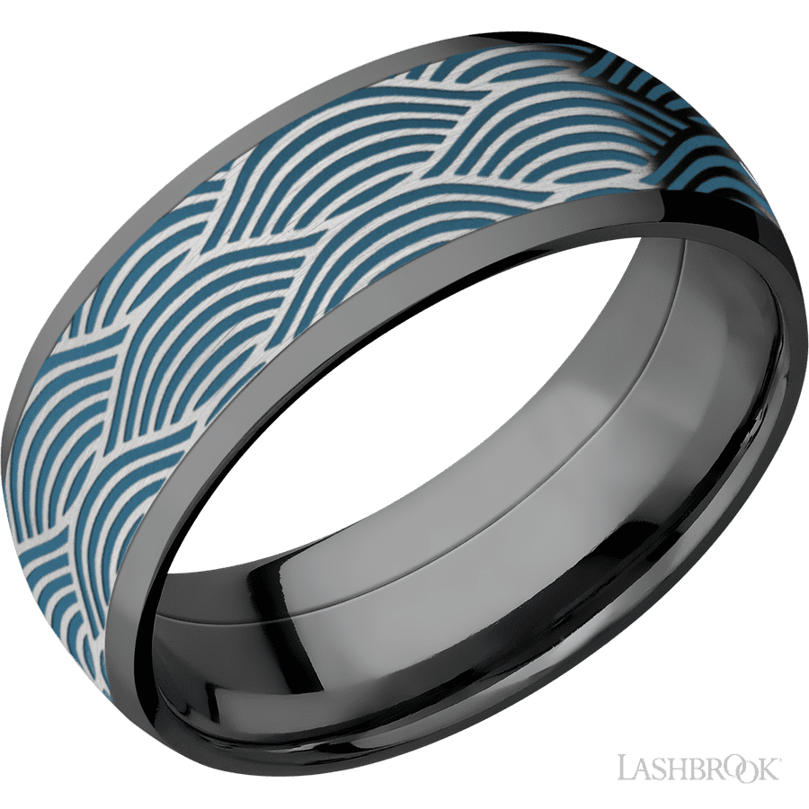 8 mm wide/Domed/Zirconium band with one 6 mm Centered inlay of Cobalt Chrome with a laser carved Navigator pattern.