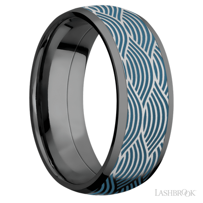 8 mm wide/Domed/Zirconium band with one 6 mm Centered inlay of Cobalt Chrome with a laser carved Navigator pattern.