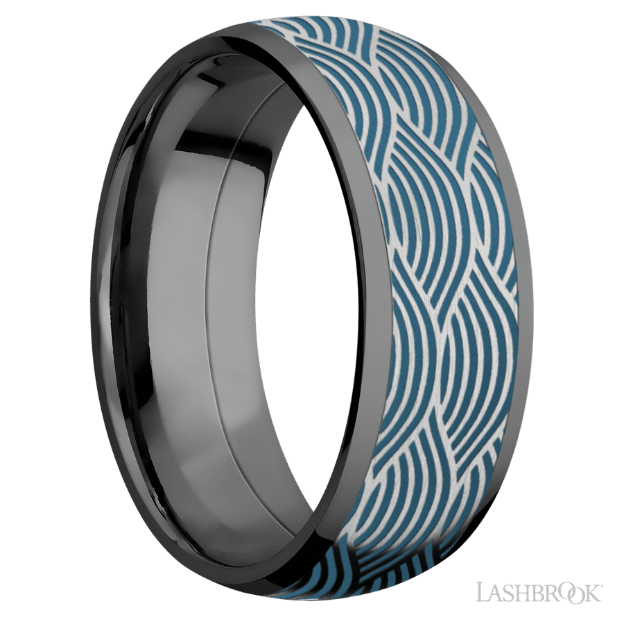 8 mm wide/Domed/Zirconium band with one 6 mm Centered inlay of Cobalt Chrome with a laser carved Navigator pattern.