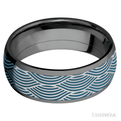 8 mm wide/Domed/Zirconium band with one 6 mm Centered inlay of Cobalt Chrome with a laser carved Navigator pattern.
